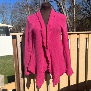 Elena Solano 100% Cashmere Deep Pink Ruffled Open Front Cardigan Sweater Size M
